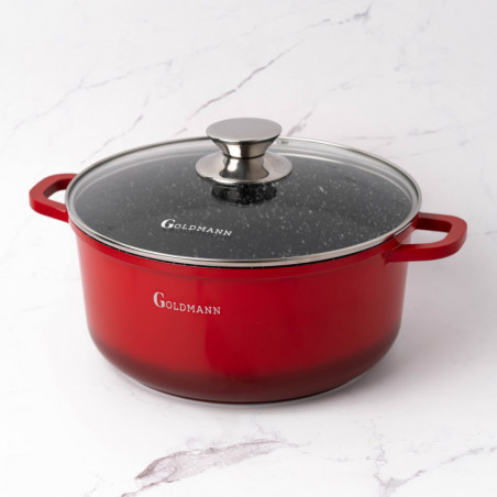 Oala Goldmann GM-7320R, 2.3 l, 20 cm, Acoperire neaderenta din marmura, Capac sticla, Inductie, Rosu