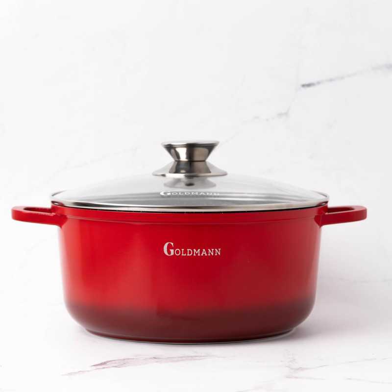 Oala Goldmann GM-7320R, 2.3 l, 20 cm, Acoperire neaderenta din marmura, Capac sticla, Inductie, Rosu