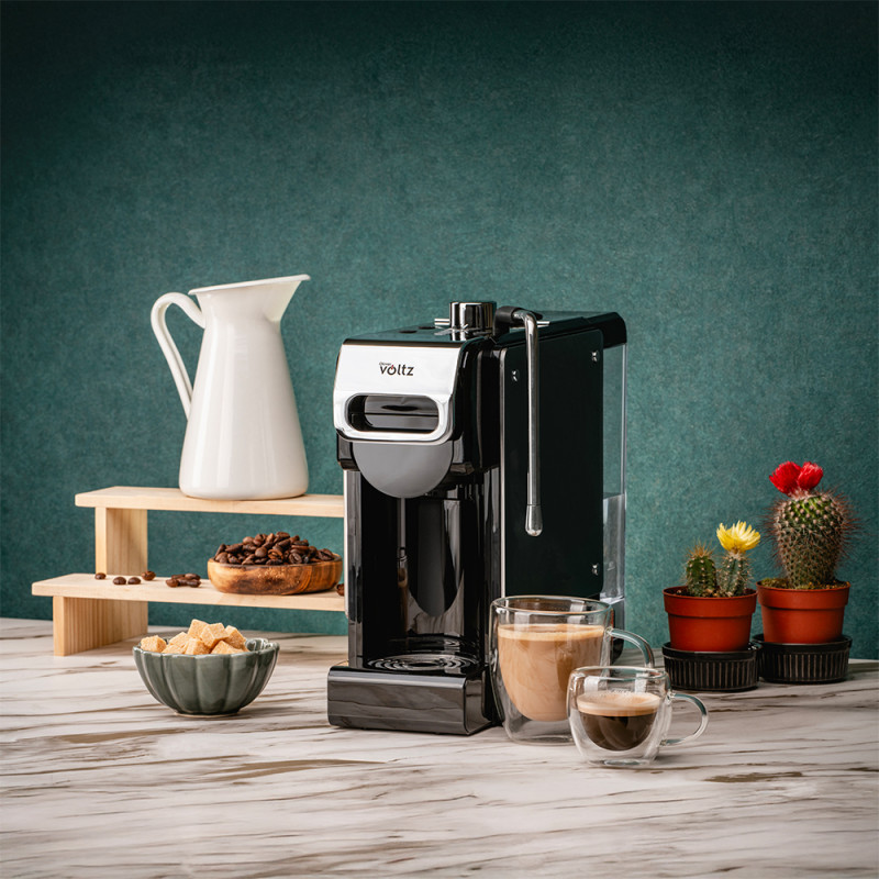 Espressor cafea macinata si capsule 8in1 Oliver Voltz OV51171N8M, 1450W, 1 L, 5 adaptoare, 19 bar, Negru/Argintiu