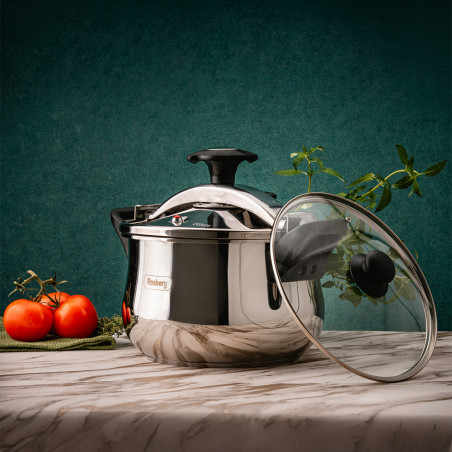 Oala sub presiune Rosberg R51311A9, 9 L, 2 capace, Inductie, Baza 3 straturi, Inox