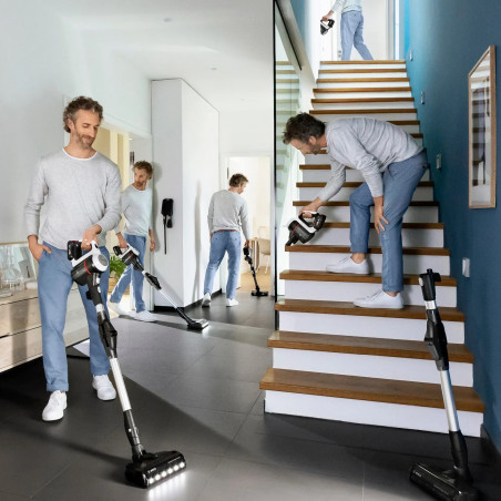 Aspirator vertical Bosch Unlimited 7 BBS711W, 300 ml, Motor TurboSpin, Lumini LED, Autonomie 40 min, Alb/Negru