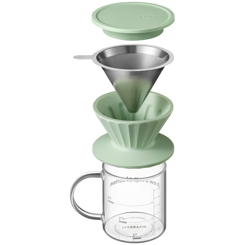 Cana cu filtru de cafea Buydeem CD1024-CG, 300 ml, Sticla borosilicata, Otel inoxidabil, Verde