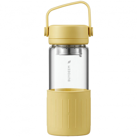 Sticla de ceai cu infuzor BUYDEEM DG42, 300 ml, Protectie silicon, Galben