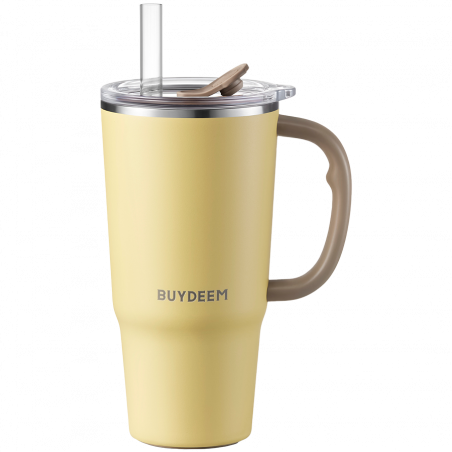 Pahar termo cu pai incorporat Buydeem DS57-MY, 700 ml, Cald/rece pana la 6 ore, Vid, Maner, Otel inoxidabil, Fara BPA, Galben