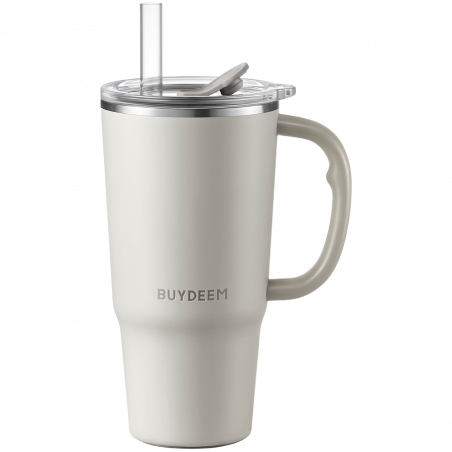 Pahar termo cu pai incorporat Buydeem DS57-OW, 700 ml, Cald/rece pana la 6 ore, Vid, Otel inoxidabil, Fara BPA, Alb
