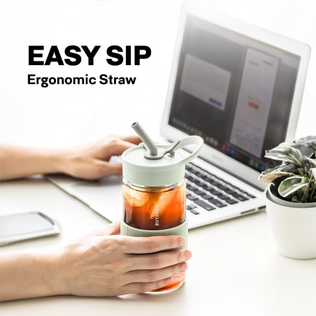 Sticla Buydeem CD1017-OW, 500 ml, Pai incorporat, Rezistenta la scurgeri, Sticla rezistenta la caldura pana la 150°C, Fara BPA, Alb