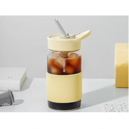 Sticla Buydeem CD1017-MY, 500 ml, Pai incorporat, Rezistenta la scurgeri, Sticla rezistentă la caldura pana la 150°C, Fara BPA, Galben