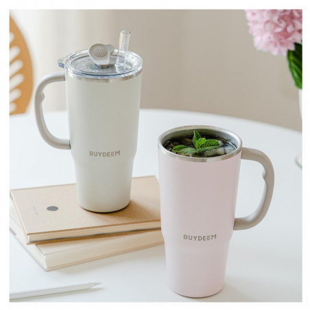 Pahar termo cu pai incorporat Buydeem DS57-OW, 700 ml, Cald/rece pana la 6 ore, Vid, Otel inoxidabil, Fara BPA, Alb
