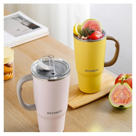 Pahar termo cu pai incorporat Buydeem DS57-MY, 700 ml, Cald/rece pana la 6 ore, Vid, Maner, Otel inoxidabil, Fara BPA, Galben