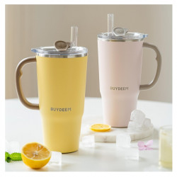 Pahar termo cu pai incorporat Buydeem DS57-MY, 700 ml, Cald/rece pana la 6 ore, Vid, Maner, Otel inoxidabil, Fara BPA, Galben
