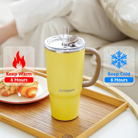 Pahar termo cu pai incorporat Buydeem DS57-MY, 700 ml, Cald/rece pana la 6 ore, Vid, Maner, Otel inoxidabil, Fara BPA, Galben