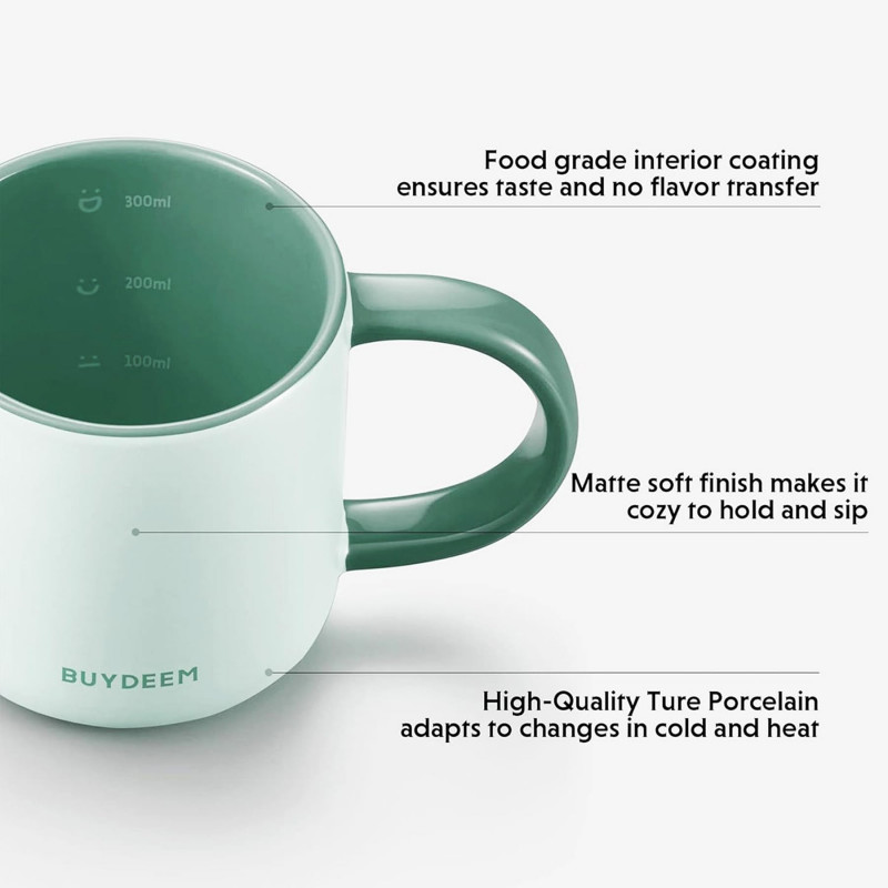 Ceasca ceramica pentru ceai si cafea Buydeem CD1018-CG, 350 ml, Fund plat, Scala de masurare interna, Verde