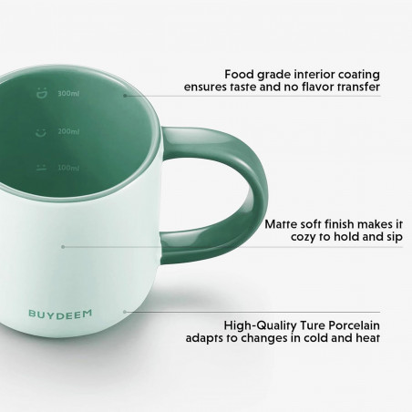 Ceasca ceramica pentru ceai si cafea Buydeem CD1018-CG, 350 ml, Fund plat, Scala de masurare interna, Verde