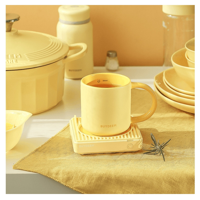 Ceasca ceramica pentru ceai si cafea Buydeem CD1018-MY, 350 ml, Fund plat, Scala de masurare interna, Ceramica pentru temperaturi inalte, Galben