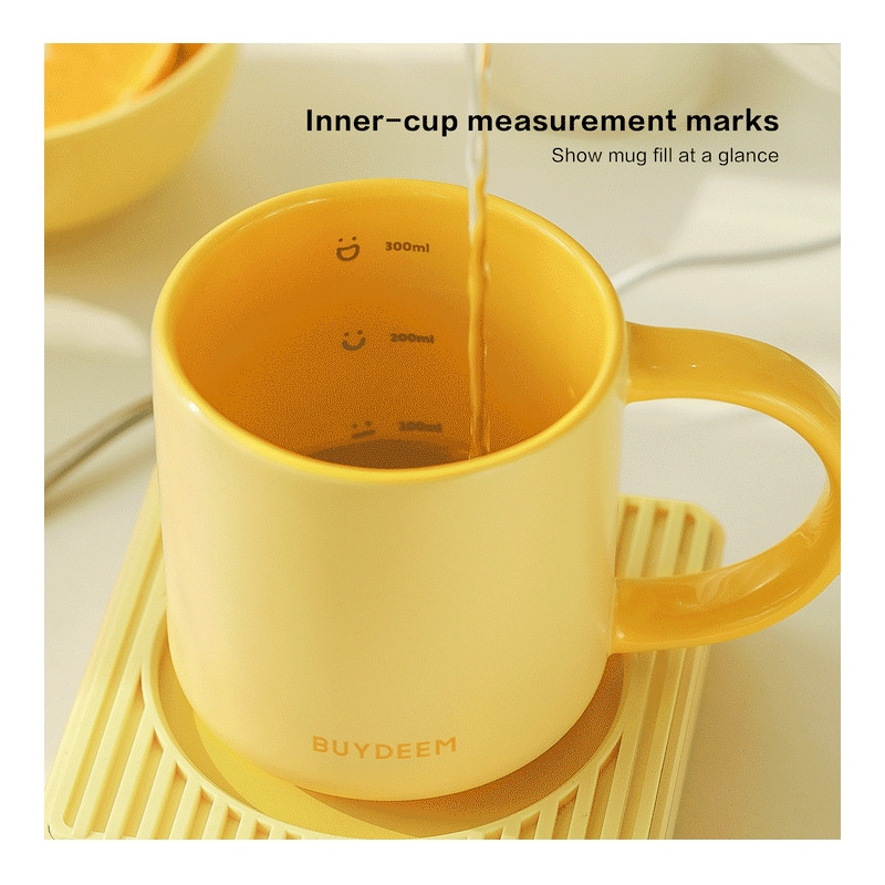 Ceasca ceramica pentru ceai si cafea Buydeem CD1018-MY, 350 ml, Fund plat, Scala de masurare interna, Ceramica pentru temperaturi inalte, Galben