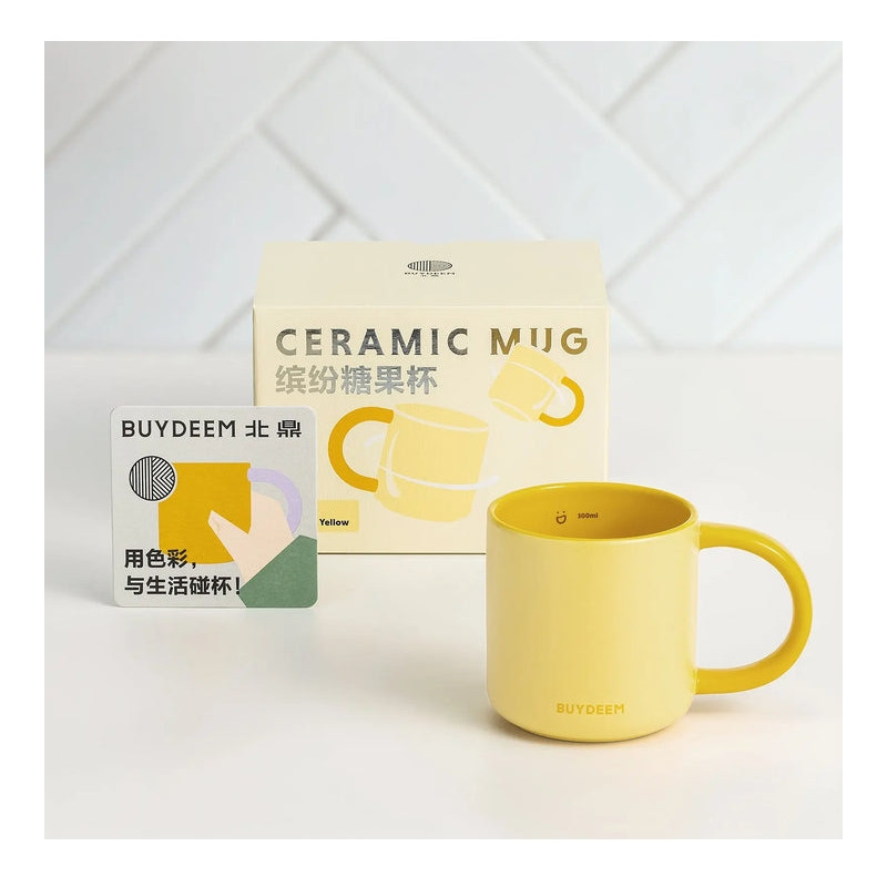 Ceasca ceramica pentru ceai si cafea Buydeem CD1018-MY, 350 ml, Fund plat, Scala de masurare interna, Ceramica pentru temperaturi inalte, Galben