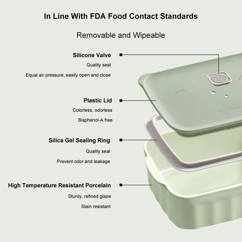 Cutie pentru pranz ceramica Buydeem CT3007-CG, 500 ml, 19.5x11x16.5 cm, Rezistenta la caldura pana la 230°C, Compatibilă cu cuptorul si cuptorul cu microunde, Verde