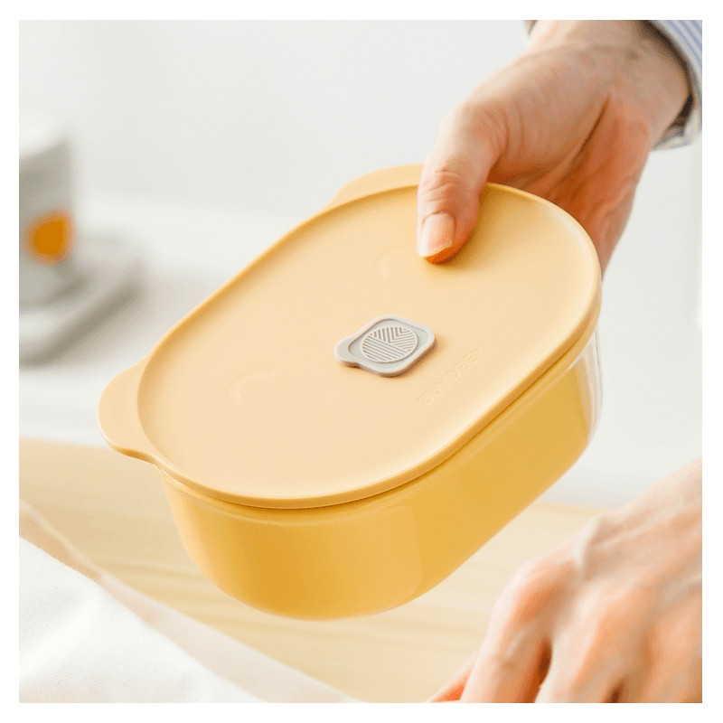 Cutie pentru pranz ceramica Buydeem CT3007-MY, 500 ml, 19.5x11x16.5 cm, Rezistenta la căldura pana la 230°C, Compatibila cuptor si cuptor cu microunde, Galben