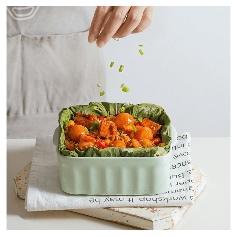 Cutie alimentara ceramica Buydeem CT1006-CG, 810 ml, 17x20.5 cm, Pana la 230°C, Compatibila cuptor si cuptor cu microunde, Verde