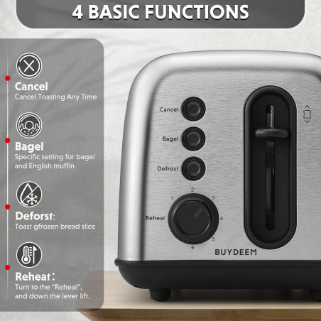 Prajitor de paine Buydeem DT620E-SS/EU, 900W, Pana la 204C°, 7 programe, Deschidere larga, Pop-up mare, Inox
