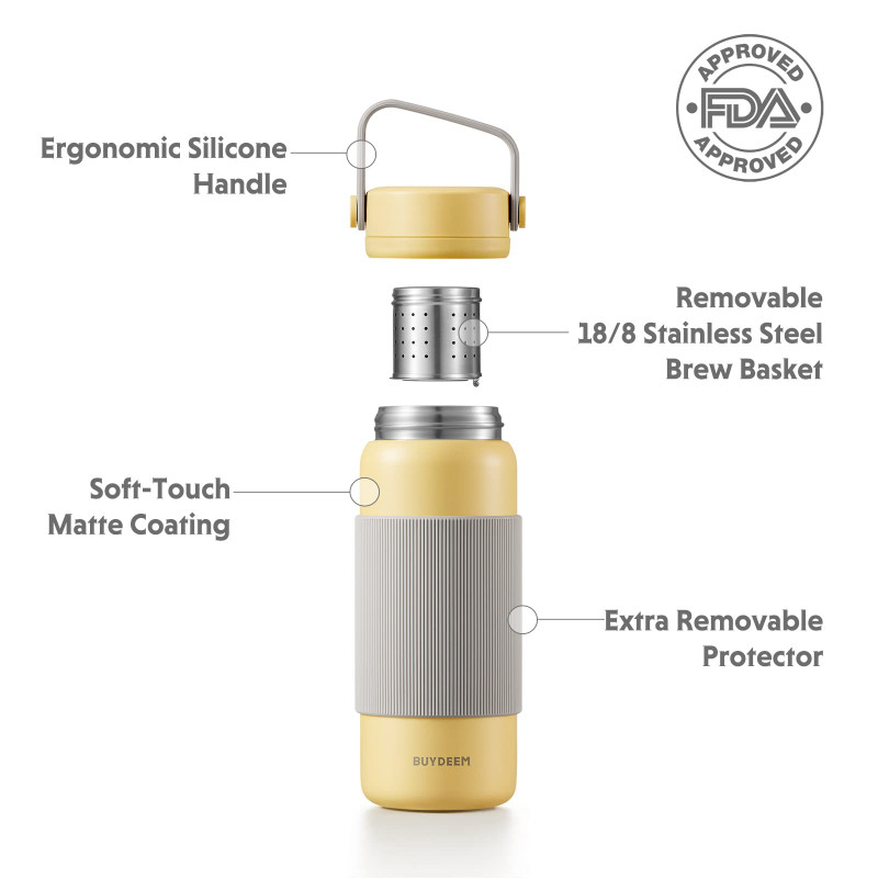 Termos cu infuzor Buydeem CD1011-MY, 400 ml, Rezistent la scurgeri, Infuzor detasabil, Otel inoxidabil, Maner, Galben