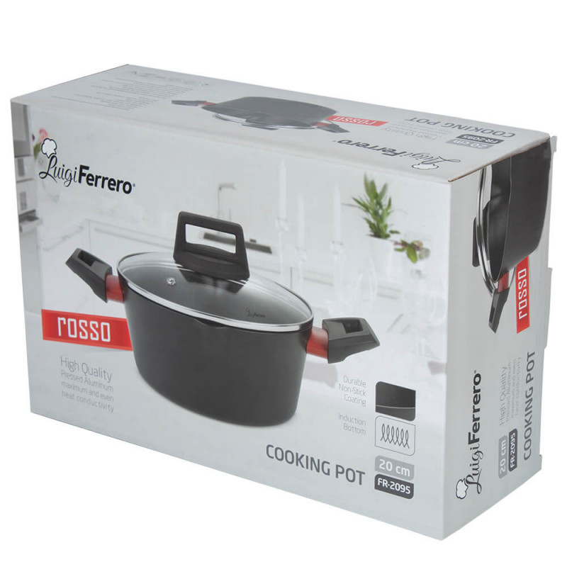 Cratiță Luigi Ferrero Rosso FR-2095 20x9.5cm, 2.2l, Acoperire neaderentă, Capac din sticlă cu gaură pentru abur, Inducție, Negru