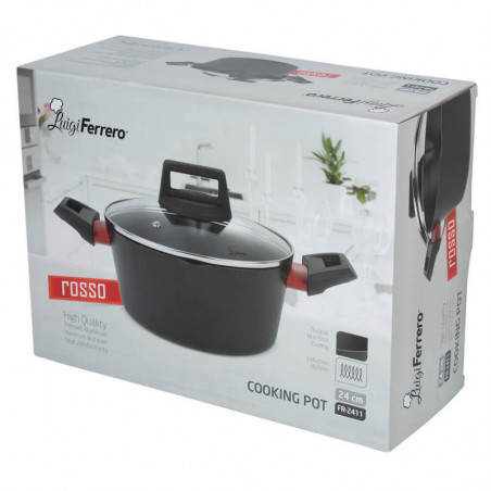 Cratiță Luigi Ferrero Rosso FR-2411, 24x11.5 cm, 4.1 l, Acoperire antiaderentă, Capac din sticlă cu gaură pentru abur, Inducție, Negru