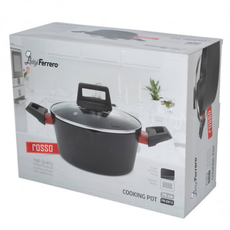 Cratiță Luigi Ferrero Rosso FR-2813, 28x13.5 cm, 6.7 l, Acoperire neaderentă, Capac din sticlă cu gaură pentru abur, Inducție, Negru