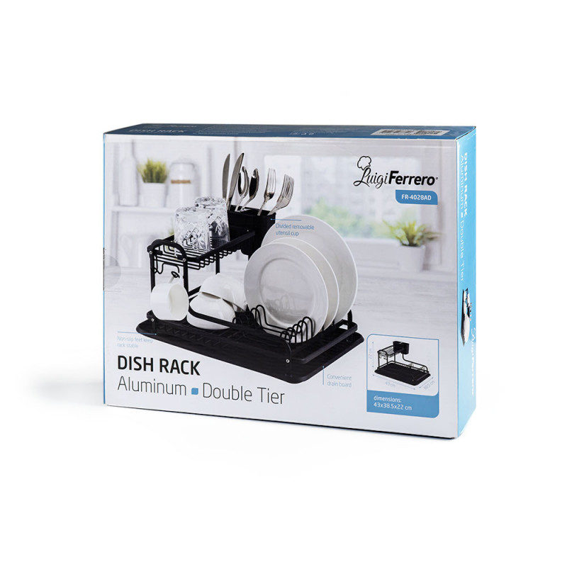 Uscător de vase Luigi Ferrero FR-4028AD, 43x38.5x22 cm, 2 niveluri, Tavă de scurgere, Antiderapant, Suporturi, Negru