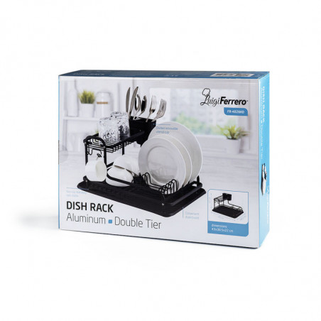 Uscător de vase Luigi Ferrero FR-4028AD, 43x38.5x22 cm, 2 niveluri, Tavă de scurgere, Antiderapant, Suporturi, Negru