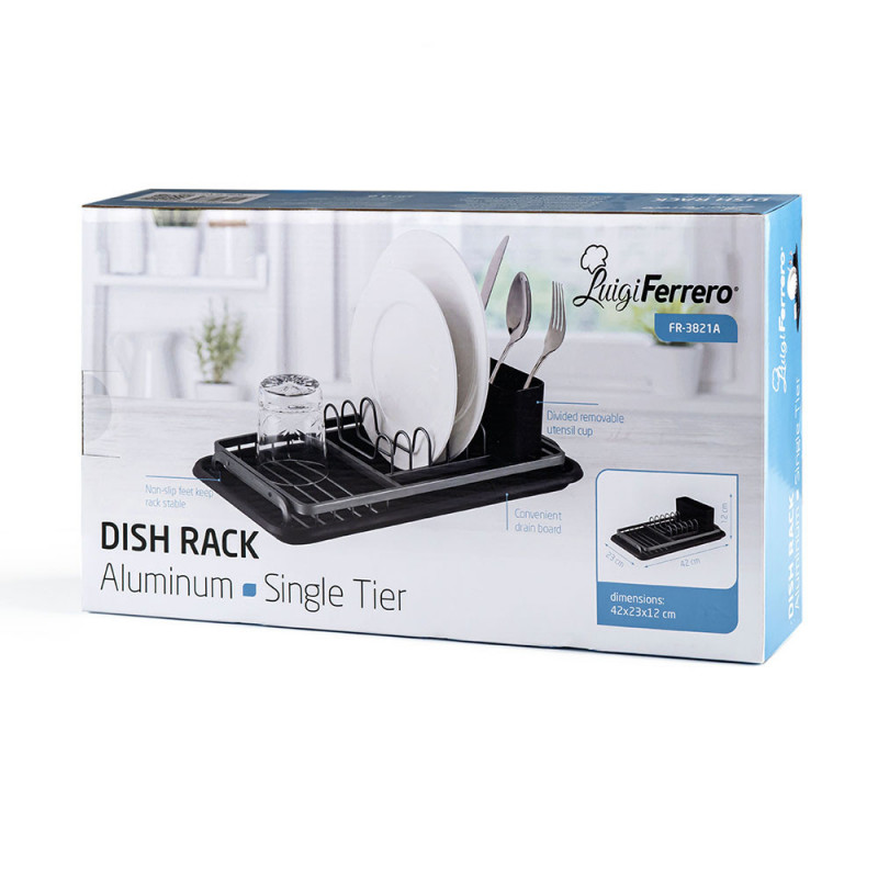 Uscător de vase Luigi Ferrero FR-3821A, 42x23x12 cm, Picioare antiderapante, Tavă de scurgere, Negru/gri