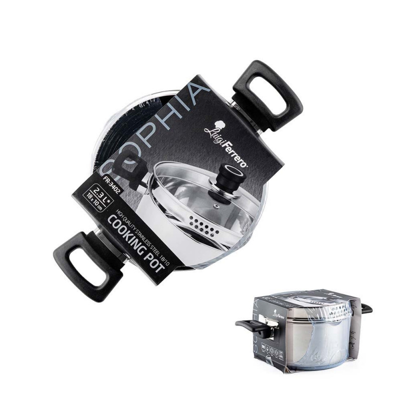 Cratiță Luigi Ferrero Sophia FR-3402, 18x10 cm, 2.3 l, Oțel 18/10, Capac din sticlă, Inducție, Inox