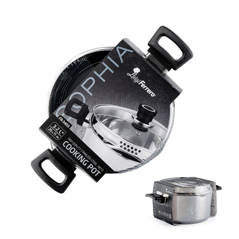 Cratiță Luigi Ferrero Sophia FR-3403, 20x11 cm, 3.2 l, Oțel 18/10, Capac din sticlă, Inducție, Inox