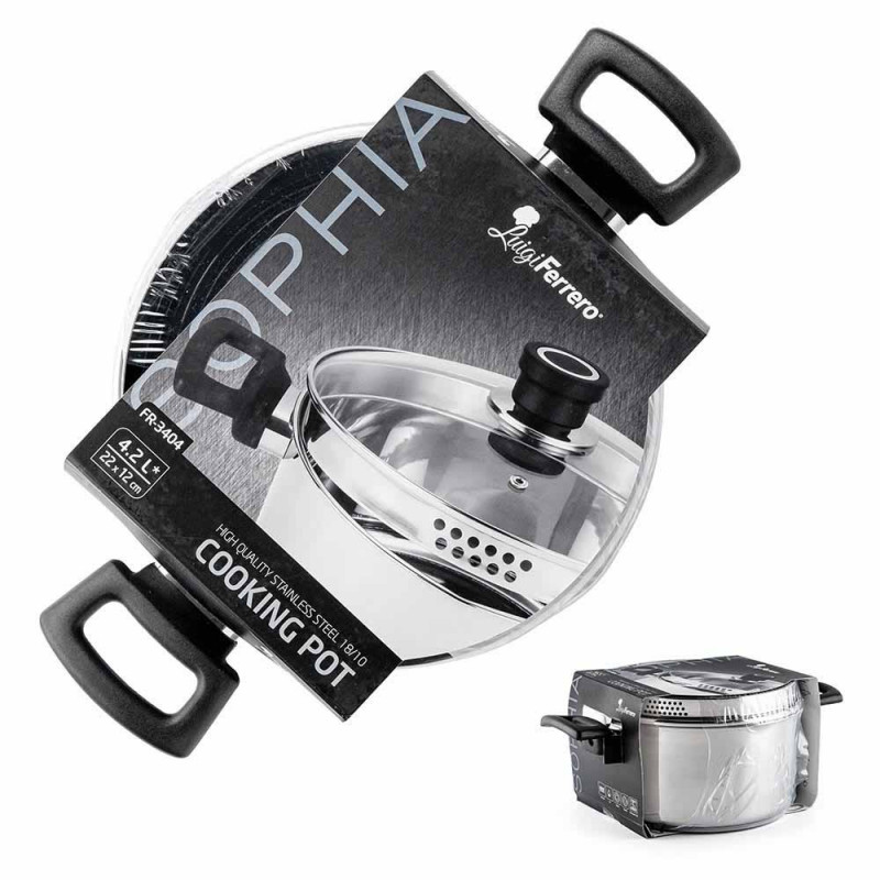 Cratiță Luigi Ferrero Sophia FR-3404, 22x12 cm, 4.2 l, Oțel 18/10, Capac din sticlă, Inducție, Inox
