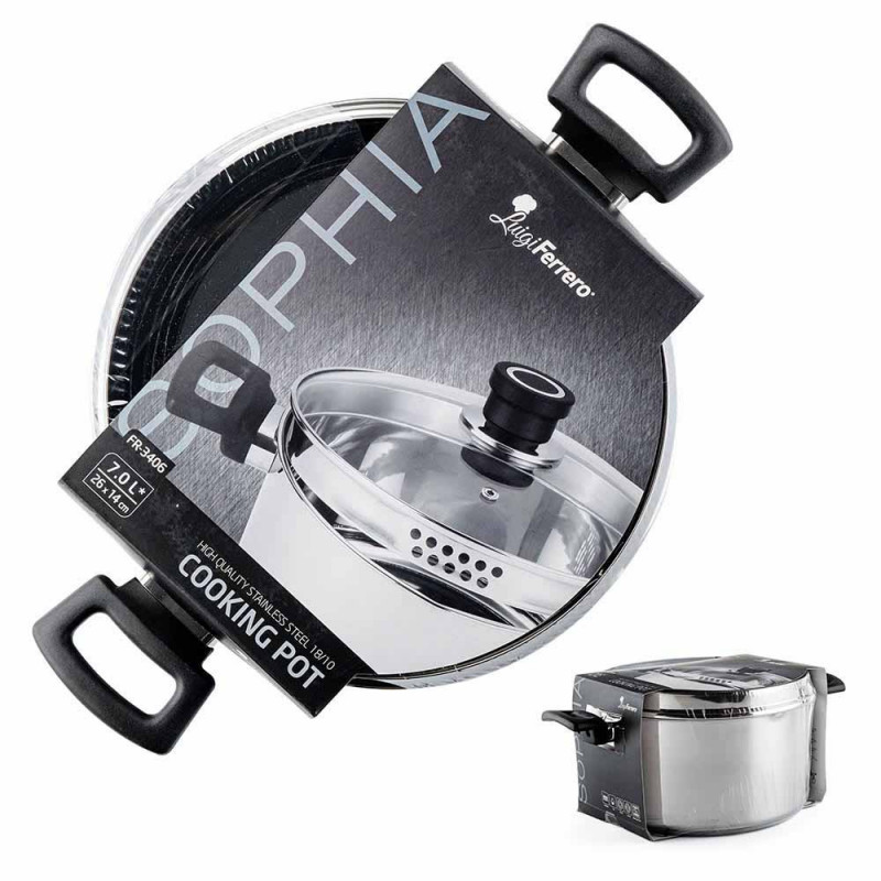 Cratiță Luigi Ferrero Sophia FR-3406, 26x14 cm, 7 l, Oțel 18/10, Capac din sticlă, Inducție, Inox