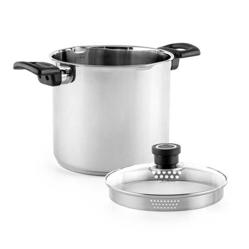 Cratiță adâncă Luigi Ferrero Sophia FR-3407, 20x18 cm, 5.6 l, Oțel 18/10, Capac din sticlă cu gaură pentru abur, Inducție, Inox