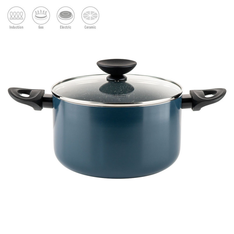 Cratiță adâncă Luigi Ferrero Prima FR-2245D, 22x13 cm, 4.5 l, Acoperire antiaderentă cu efect de marmură, Inducție, Capac din sticlă cu deschidere, Albastru închis