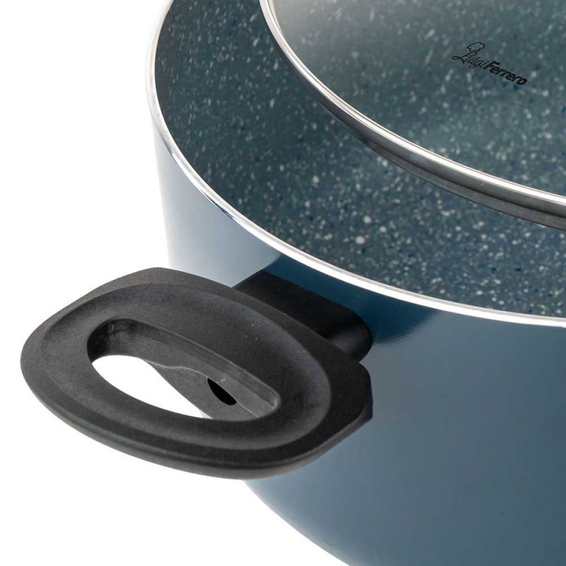 Cratiță adâncă Luigi Ferrero Prima FR-2245D, 22x13 cm, 4.5 l, Acoperire antiaderentă cu efect de marmură, Inducție, Capac din sticlă cu deschidere, Albastru închis