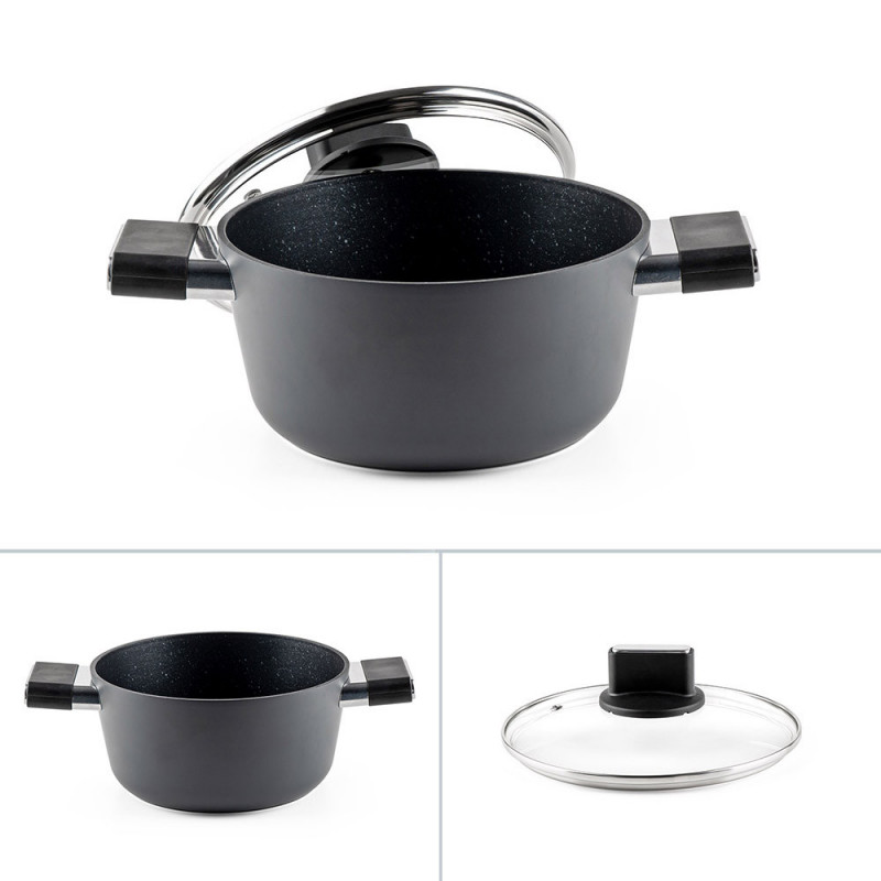 Cratiță Luigi Ferrero Regina FR-2040 20x10 cm, 2,5 l, Acoperire antiaderentă cu efect de marmură, Capac din sticlă cu orificiu pentru abur, Negru