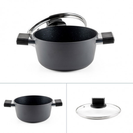 Cratiță Luigi Ferrero Regina FR-2040 20x10 cm, 2,5 l, Acoperire antiaderentă cu efect de marmură, Capac din sticlă cu orificiu pentru abur, Negru