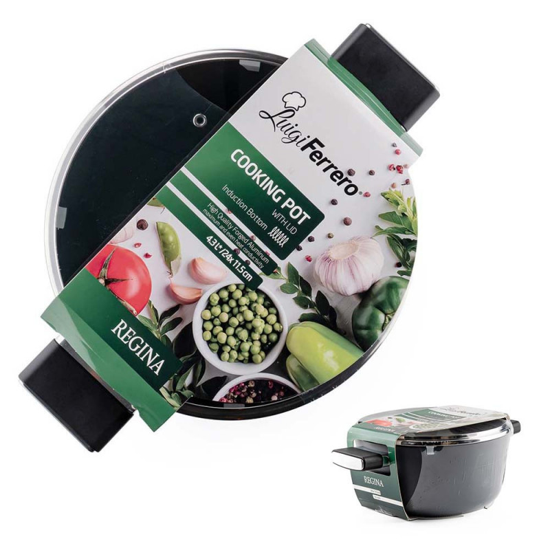 Cratiță Luigi Ferrero Regina FR-2440 24x11.5 cm, 4.3 l, Acoperire antiaderentă cu efect de marmură, Capac din sticlă cu gaură pentru abur, Negru