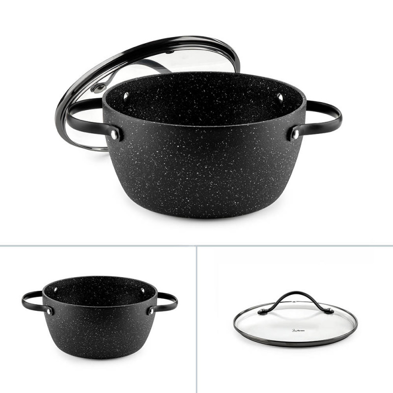 Cratiță Luigi Ferrero Symphony FR-2010, 20x10.5 cm, 2.6 l, Acoperire antiaderentă, Capac din sticlă cu gaură pentru abur, Mânere din oțel cu PVD, Inducție, Marmură neagră