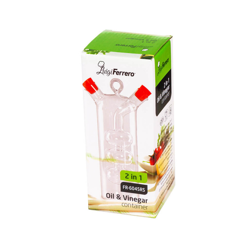 Recipient pentru oțet și ulei 2in1 Luigi Ferrero FR-6045, Două deschideri separate, Fără scurgeri, Sticlă, Transparent/roșu