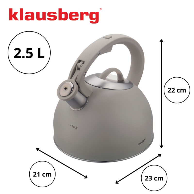 Ceainic cu fluier Klausberg KB-7912, 2.5 l, Maner cu efect de lemn, Inductie, Gri deschis