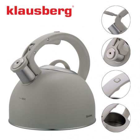 Ceainic cu fluier Klausberg KB-7912, 2.5 l, Maner cu efect de lemn, Inductie, Gri deschis