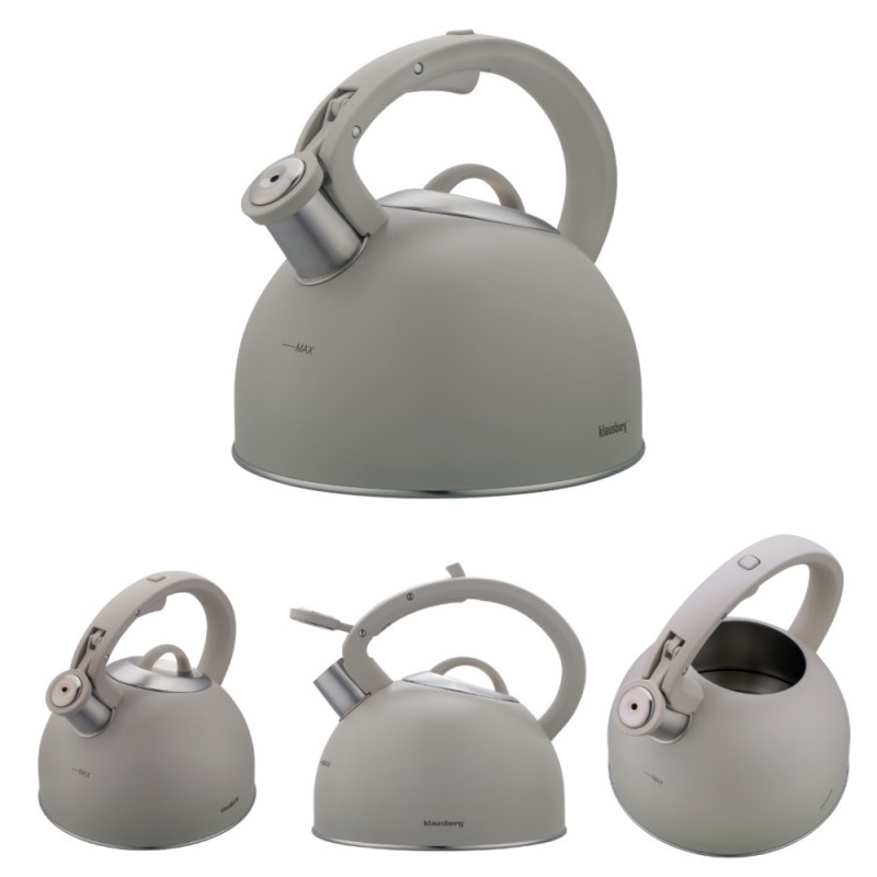 Ceainic cu fluier Klausberg KB-7912, 2.5 l, Maner cu efect de lemn, Inductie, Gri deschis