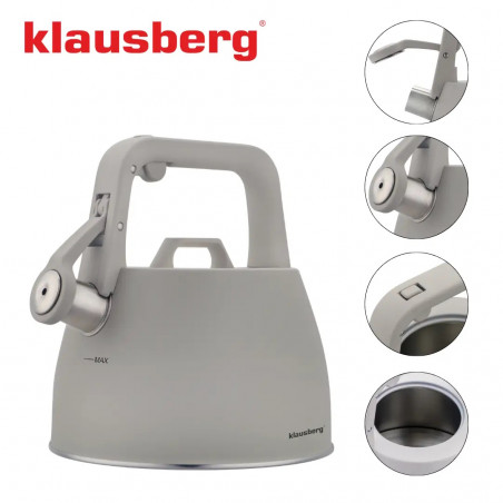 Ceainic cu fluier Klausberg KB 7916, 2.5 l, Maner izolat termic, Inductie, Inox