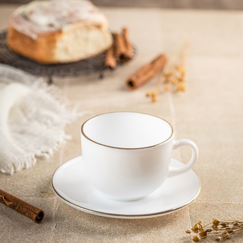 Set cesti si farfurioare pentru ceai Klausberg KH 1929, 12 piese, 210 ml, Opal, Alb/Auriu