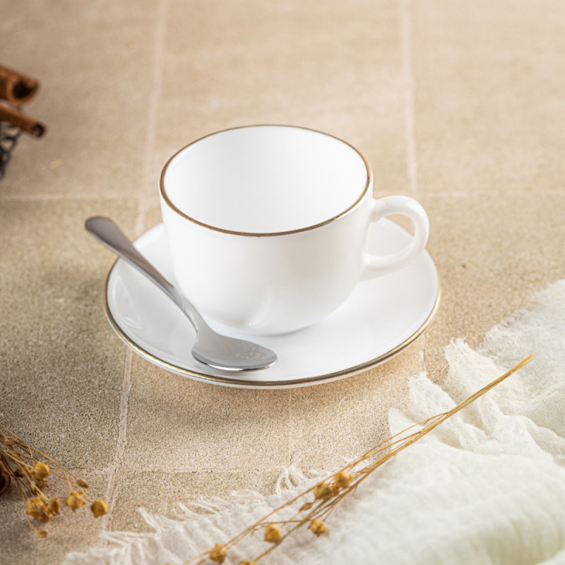 Set cesti si farfurioare pentru ceai Klausberg KH 1929, 12 piese, 210 ml, Opal, Alb/Auriu