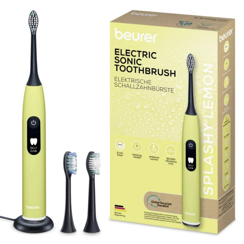 Periuta de dinti electrica sonica Beurer SC 50, 80000 rpm, 5 moduri, Timer, Autonomie 22 zile, Afisaj LED, Tip-C + Placa magnetica, Galben
